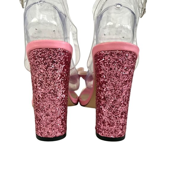 Barbie Pink Glitter Bow Open Toe Heels Block Heel Sandals Size 9 41 Prom Formal - Picture 6 of 11